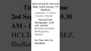 MEGA WALK IN  HCLTech hiring  Senior Associate  US Healthcare [upl. by Lleze]