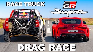 Dakar Rally Pickup Truck v GR Supra DRAG RACE [upl. by Nekial]