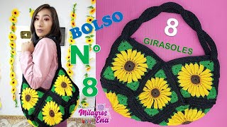 Bolso N° 8 tejido a crochet o ganchillo con 8 cuadrados de girasoles paso a paso y con asas tejidas [upl. by Rotow]