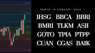 Analisa Saham 19 Febuari 2024 IHSG BBCA BBRI BMRI TLKM ASII GOTO TPIA PTPP CUAN CGAS BAIK [upl. by Winslow]