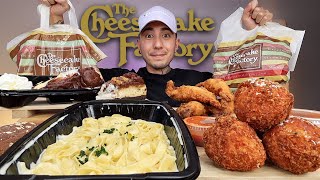 MUKBANG EATING The Cheesecake Factory Fettuccini Alfredo Mac amp Cheese Balls Buffalo Blast Cakes [upl. by Ainoloppa]