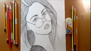 Disegni facili disegnare Una ragazza con bei capelli Pencil Sketch How to draw a Girl with Glasses [upl. by Ahsenod]