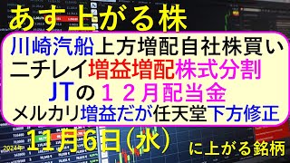 あす上がる株 2024年１１月６日（水）に上がる銘柄。川崎汽船が上方修正・増配・自社株買い、メルカリは増益だが。任天堂とニチレイ。JTの１２月配当金～最新の日本株情報。高配当株の株価やデイトレ情報～ [upl. by Floss]