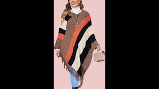 INVOLAND Womens Knitted Shawl Poncho with Fringed Capelet V Neck Striped Sweater Pullover Cape [upl. by Yelrehs]