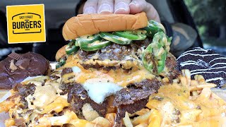 MUKBANG EATING Easy Street Burgers Loaded Monster Cheeseburger amp Loaded Wild Cheese Fries ASMR [upl. by Jaenicke660]