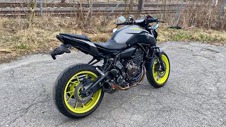 YAMAHA MT07  WALKAROUND  STARTUP  AKRAPOVIC CARBON EXHAUST NO DB KILLER [upl. by Treborsemaj851]