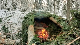 Bushcraft Survival Shelter Winter Camping in Deep Snow Outdoors Cooking Nature Sounds [upl. by Ijies]