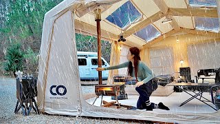 Awesome 2 Room inflatable tent with hot woodstove cozy Camping in the rain ASMR [upl. by Anilra750]