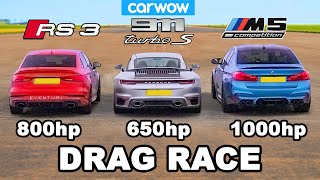 BMW M5 1000hp v Audi RS3 800hp v Porsche 911 Turbo S  DRAG RACE [upl. by Oralee392]