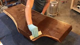 Applying Rubio Monocoat finish to walnut slab coffee table [upl. by Ahtivak590]