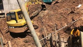 Earth support shoring for wall base construction site excavation and equipment using excavator [upl. by Amla]