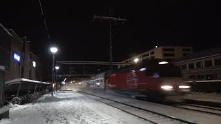 Schneeverwehungen aufgrund Zugdurchfahrten mit bis zu 160 Kmh in Münsingen bei kalter Winternacht [upl. by Sunderland]