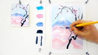 Cherry Blossom and Mount Fuji Step by step watercolor tutorial [upl. by Ennaul]