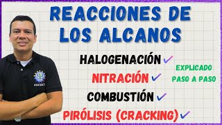 🏅REACCIONES DE LOS ALCANOS Halogenacion nitracion combustion y pirolisis o cracking [upl. by Elexa]