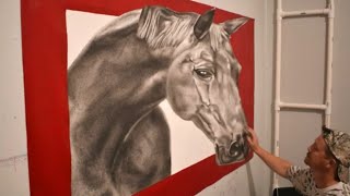 3D Charcoal Pencil Drawing  Amazing Anamorphic Optical Illusion  Trick Art on Canvas [upl. by Darton]