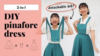 DIY pinafore dress  detachable bib  NO PATTERN beginner sewing tutorial  cottagecore  vintage [upl. by Lordan]