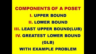 UPPER BOUND  LOWER BOUND  LEAST UPPER BOUND  GREATEST LOWER BOUND  COMPONENTS OF A POSET [upl. by Anaicul]