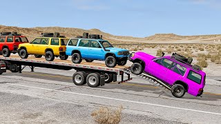 Double Flatbed Trailer Truck vs Speedbumps Train vs Cars  Tractor vs Train BeamngDrive [upl. by Oelak]