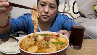 Ramyun Noodles Mukbang  SeafoodMOMOSpamSausageEnoki Mushroom [upl. by Ecertak161]