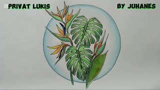 Bunga Burung Cendrawasi  How to Draw Bird of Paradise flower and Monstera for the beginning 1195 [upl. by Glenine]