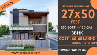 27x50 House Design 3D  1350 Sqft  150 Gaj  3 BHK  Modern Design  Terrace Garden  8x15 Meters [upl. by Aerdnod58]