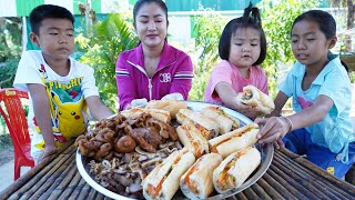 Yummy Cambodia Sandwich cooking at home  Mother and children cooking [upl. by Bennie279]