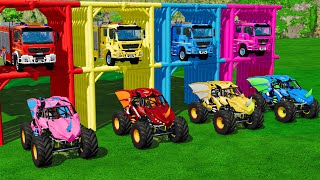 TRANSPORTING CARSMONSTER TRUCK POLICE CARS FIRE TRUCK OF COLORS WITH TRACTOR  FS 22 [upl. by Xever]