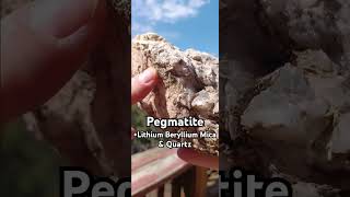 Pegmatite with Lithium pink Beryllium green dots Mica shiny shards Quartz Sandia Foothill NM [upl. by Orhtej]