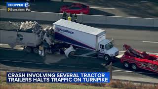 Crash involving several tractortrailers halts traffic on Pennsylvania Turnpike in Bensalem Twp [upl. by Sonahpets305]