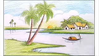 How to draw riverside Landscape Village scenery step by step [upl. by Notslah]