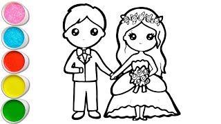 Cute Bride amp Groom Drawing for kids Painting amp Coloring for kids Toddlers  Lets Draw Together [upl. by Habeh575]