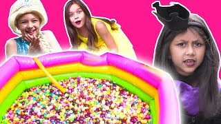 MAGIC PADDLING POOL FILLS WITH MampMs CHOCOLATE AND SKITTLES CANDY  Princesses In Real Life [upl. by Akcirred]