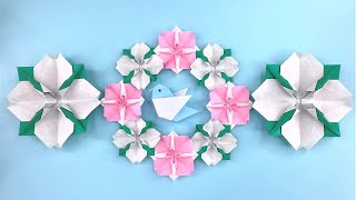 【折り紙】 ハナミズキの花のリース 折り方 Origami Flower Dogwood wreath tutorial（NiceNo1） [upl. by Adliw]