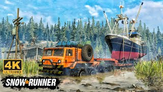 MAZ 537 Offroad Truck Towing a Fhising Boat On Swamp Road In SnowRunner Season 14 snowrunner truck [upl. by Ahtabat]