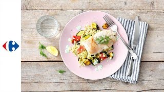 Zeewolffilet met parelcouscous dillesaus en mediterrane groenten [upl. by Sladen]