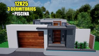 PLANO DE CASA 12X25 MODERNA 3 DORMITORIOS RVL CASAS [upl. by Tillinger]