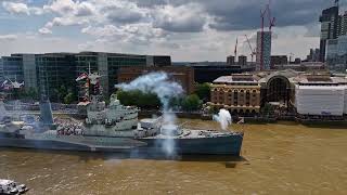 HMS Belfast simulates the firing of the vessel’s guns to mark the 80th anniversary of D Day 4K [upl. by Rufena]