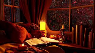 Cozy Reading Nook Ambience 🌧️ Soft Jazz Music 🌧️ Heavy Rain Fireplace Sounds for Sleeping Study 🍁 [upl. by Atalya]