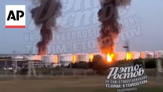 Fuel depot on fire after drone attack in Russia’s Rostov region [upl. by Brook]