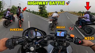 NS200 vs DUKE390🔥 vs N250  HighwaY Battle💥  Topend  Close Calls  HS MOTOTUBE [upl. by Dorena]