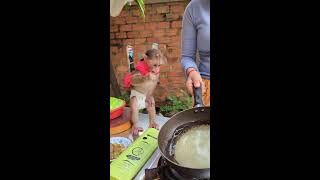 Today Mom take Baby Monkey Icy to cooking outside 😍🙉monkey babymonkey cutemonkey monkeylove [upl. by Ayar99]