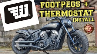 Indian Scout Bobber new foot pegs and thermostat cover install [upl. by Yenattirb]