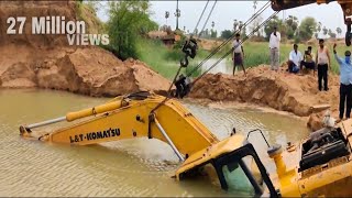 Excavator Fall in Deep Water Rescued by ACE Hydra crane and Komatsu pc 200 and TATA Hitachi Ex 200 [upl. by Yttam366]