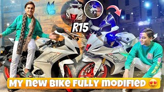 Apni New Bike Fully Modified Krali✨ Mota Kharcha Ho Gya R15 white colour lighting se bhar di ￼￼ [upl. by Orual]