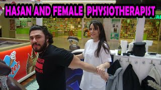 ASMR female physiotherapist technician massage  HASAN sportchairbackfootlegarmneck massage [upl. by Auqinahc]