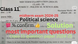 class 11 political science mid term question paper 2024  half yearly exam 2024  class 11  imp [upl. by Adiesirb]