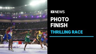 Thrilling photo finish to mens 100m sprint amp Aussies win silver and bronze in high jump  ABC News [upl. by Krishnah]