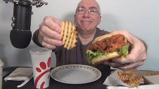 ASMR Eating Chickfil A Spicy Deluxe Sandwich with Waffle Fries [upl. by Dorelle]