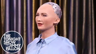 Tonight Showbotics Jimmy Meets Sophia the HumanLike Robot [upl. by Richy774]