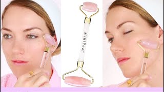 HOW TO USE A ROSE QUARTZ ROLLER  BENEFITS WITH ROSEHIP OIL NIGHT SERUM BY MINTPEARCOM RITA ALMUSA [upl. by Esirehs]